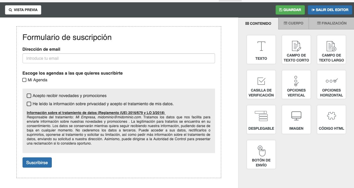 Puedes escoger las agendas a las que se suscribirán quien complete el formulario -